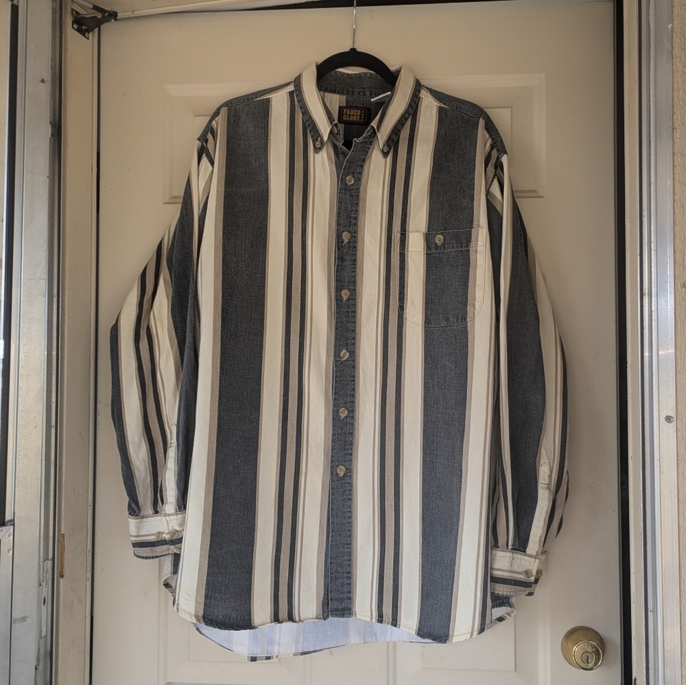 Faded Glory Black and White Striped Button-Down Shirt